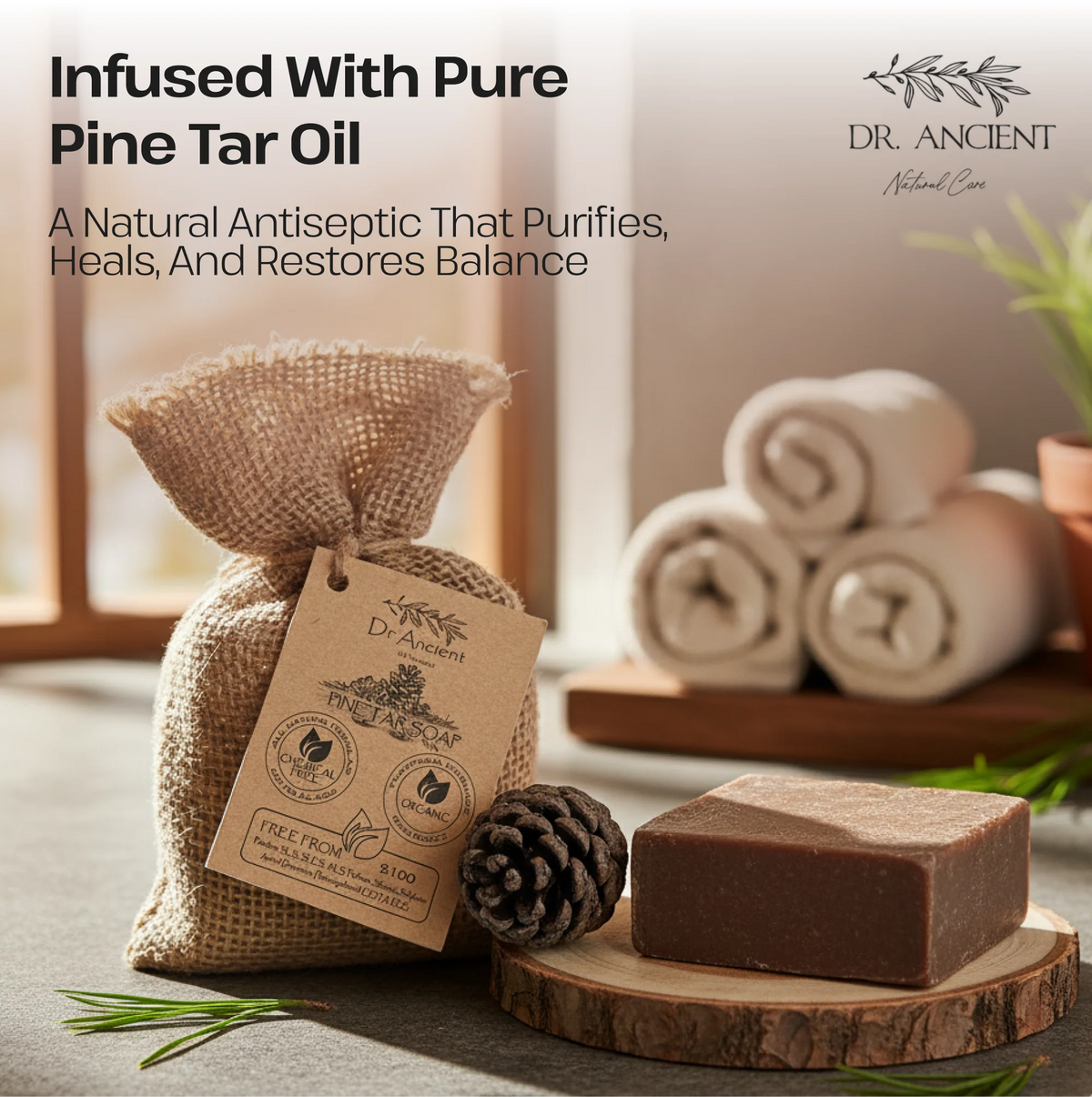 A bar of brown soap sits on a wood slice next to a burlap bag with a Dr. Ancient Natural Cures tag, with rolled towels and a pinecone in the background.