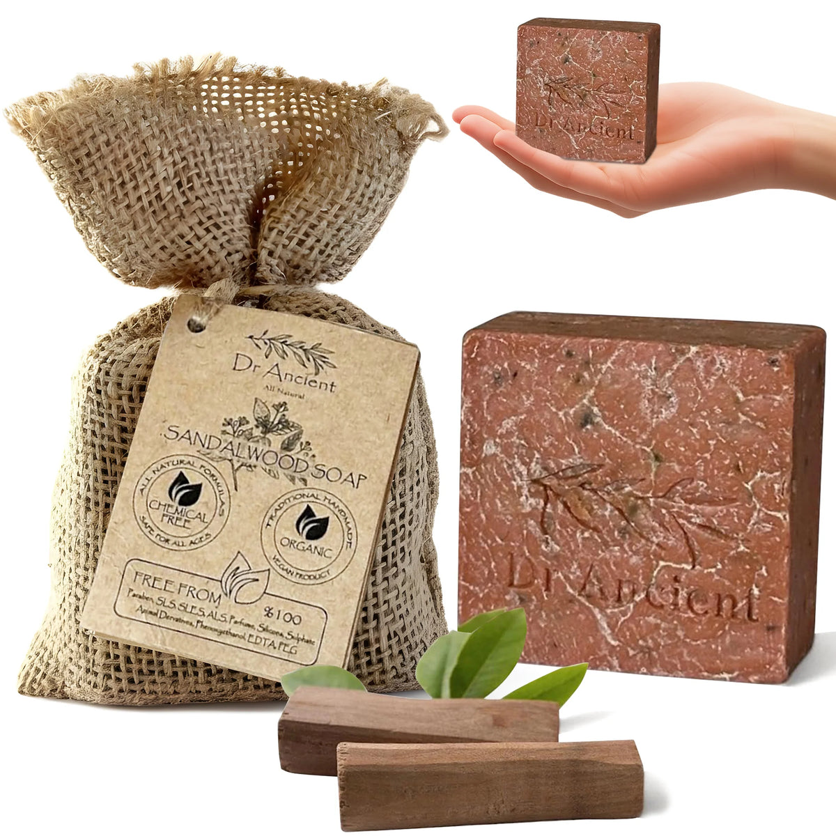 Dr. Ancient sandalwood soap with packaging and a hand holding a bar of soap.