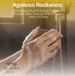 A promotional graphic with the text 'Ageless Radiance' and 'Sandalwood's Anti-Aging Properties' over a close-up of a person's hands washing with soap foam. The brand 'DR.