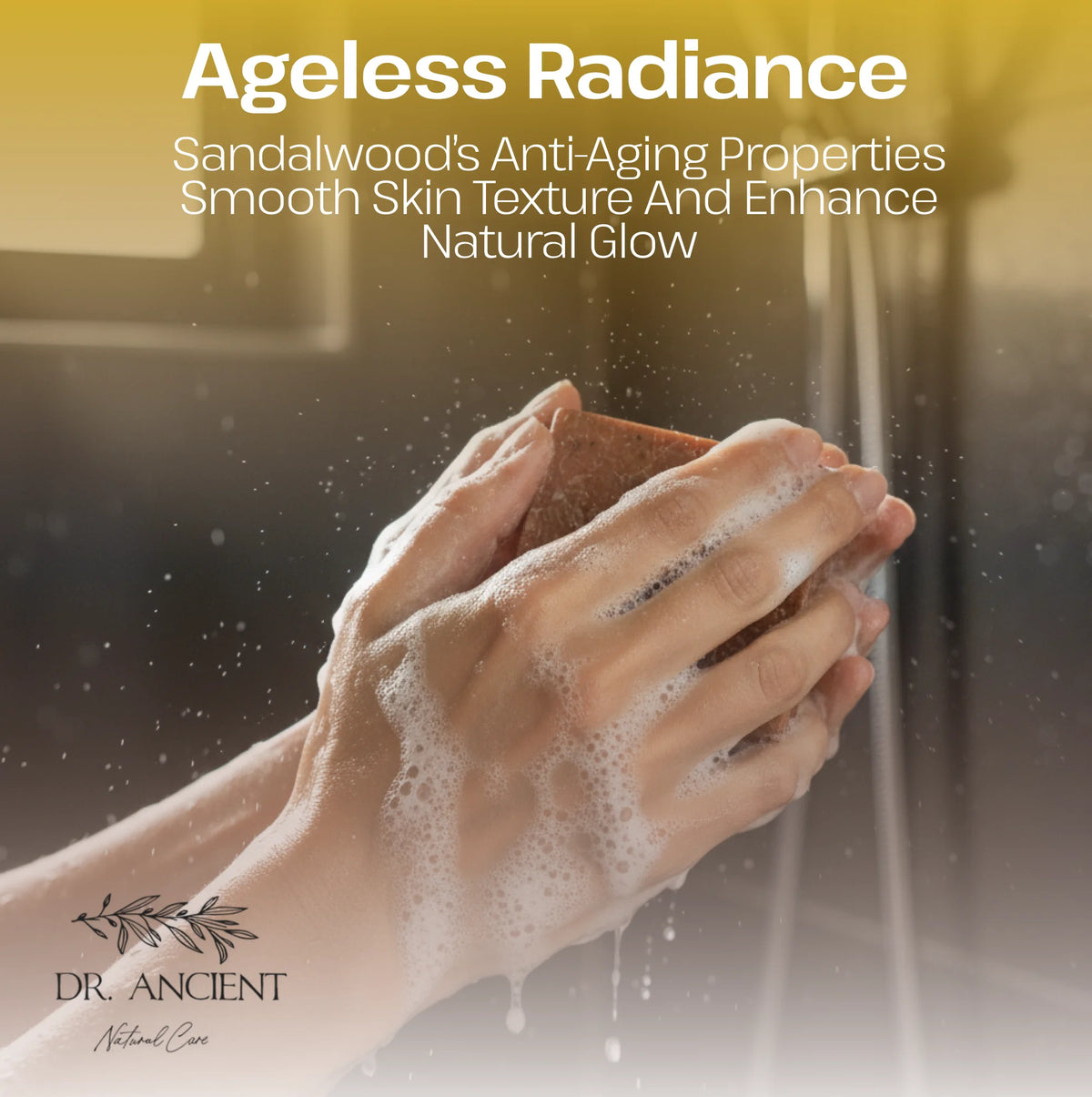 A promotional graphic with the text 'Ageless Radiance' and 'Sandalwood's Anti-Aging Properties' over a close-up of a person's hands washing with soap foam. The brand 'DR.