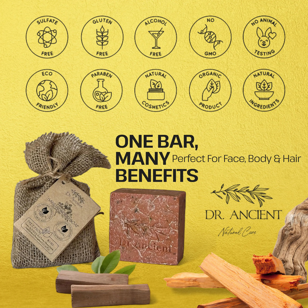 Dr. Ancient soap bar with packaging and natural elements on a yellow background