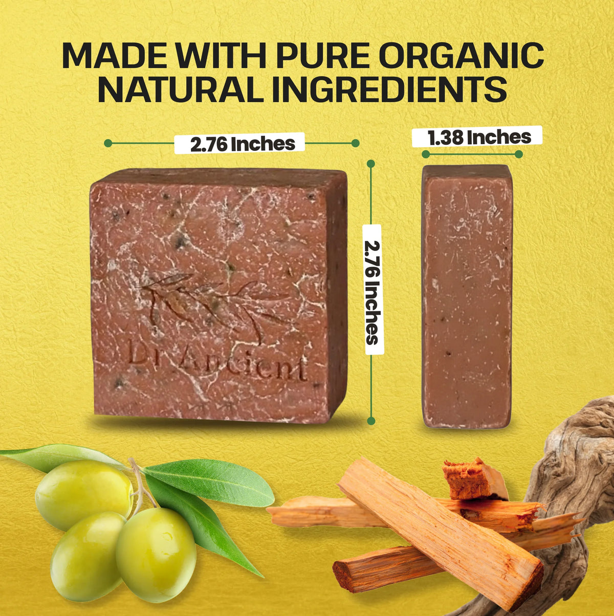 A bar of Dr. Ancient herbal soap shown in a square and a slim rectangular view on a yellow background, with text reading 'MADE WITH PURE ORGANIC NATURAL INGREDIENTS' and dimensions labeled 2.