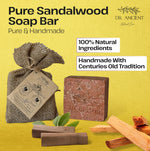 A bar of Dr. Ancient Pure Sandalwood Soap Bar shown with a burlap bag, wood pieces, and text overlays on a yellow background.