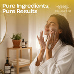 A woman in a white robe applies a white foaming facial cleanser to her face in a bright, modern bathroom. The image features a yellow gradient overlay at the top with the text 'Pure Ingredients, Pure Results' and the 'DR.