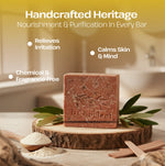 Handcrafted soap bar on a wooden platform with natural elements in a bathroom setting
