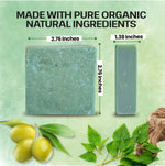Two bars of soap with dimensions and text 'Made with pure organic natural ingredients' on a green background with leaves.