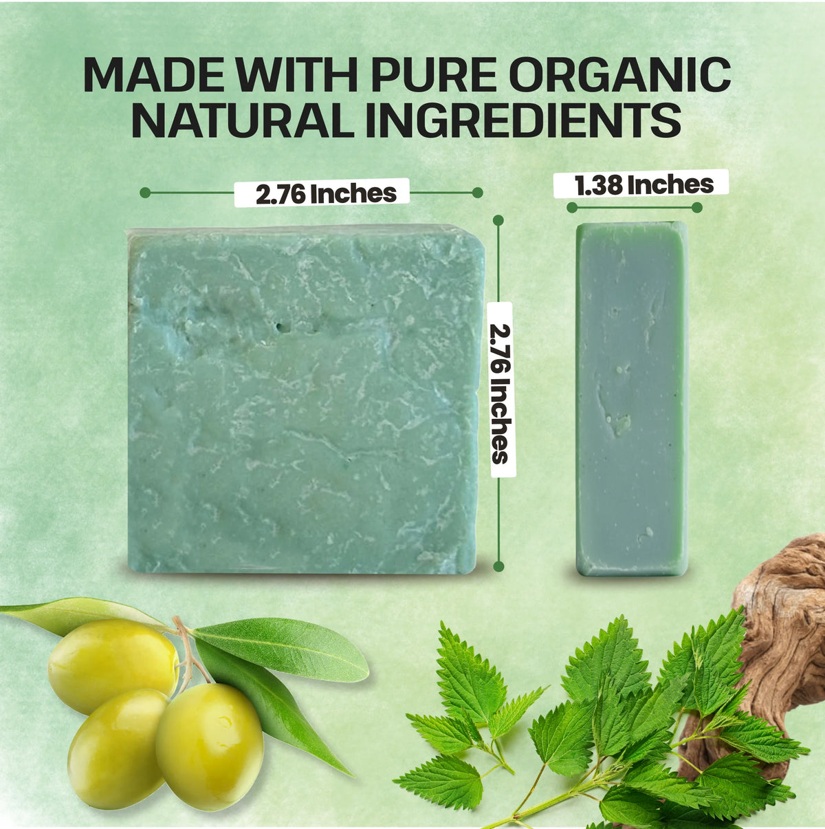 Two bars of soap with dimensions and text 'Made with pure organic natural ingredients' on a green background with leaves.