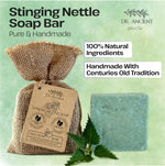 Stinging Nettle Soap Bar by Dr. Ancient with burlap bag and leaf on a light green background