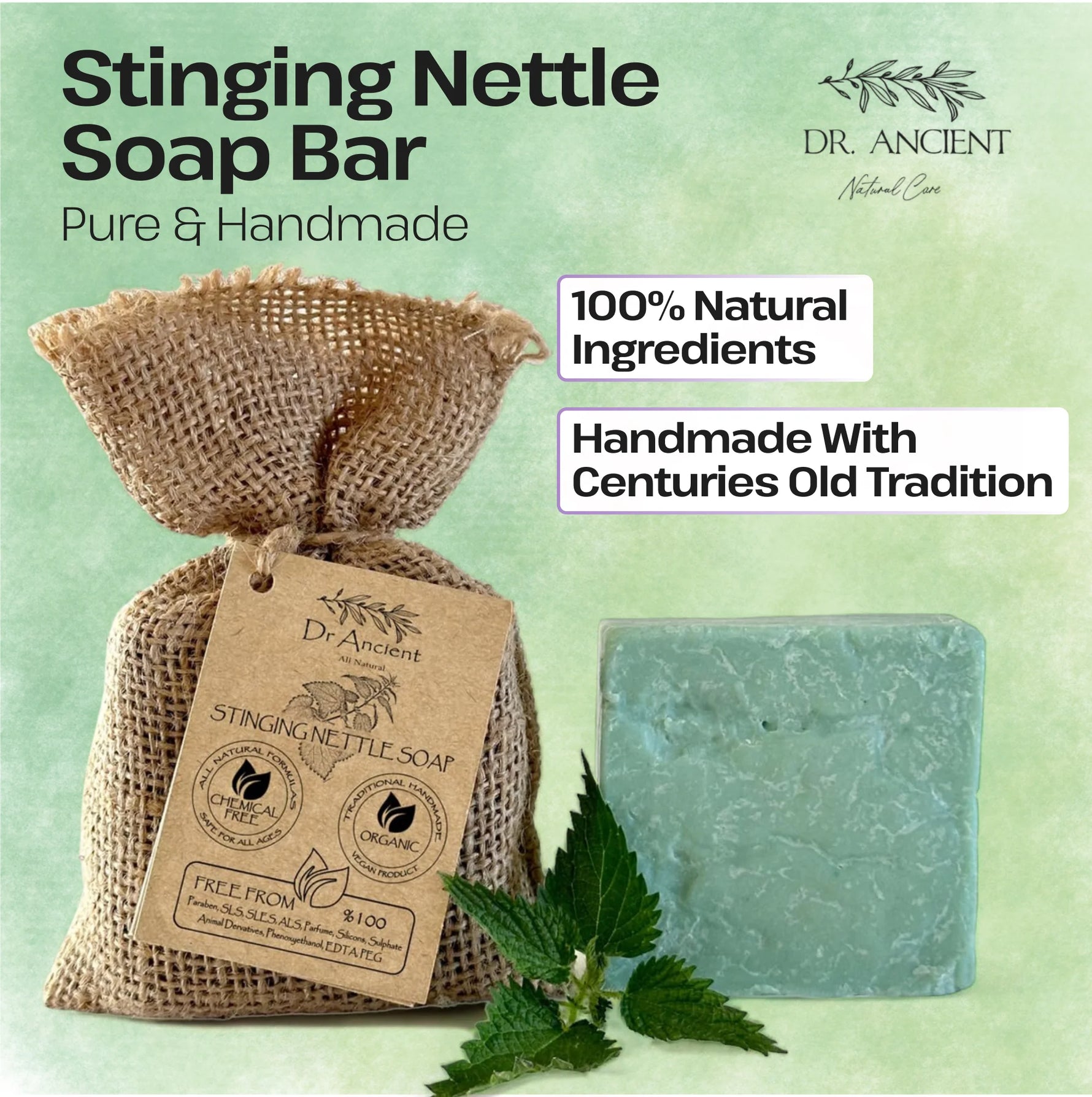Stinging Nettle Soap Bar by Dr. Ancient with burlap bag and leaf on a light green background