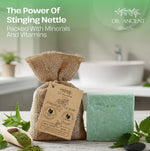 Dr. Ancient Stinging Nettle soap with packaging and ingredients on a bathroom counter.