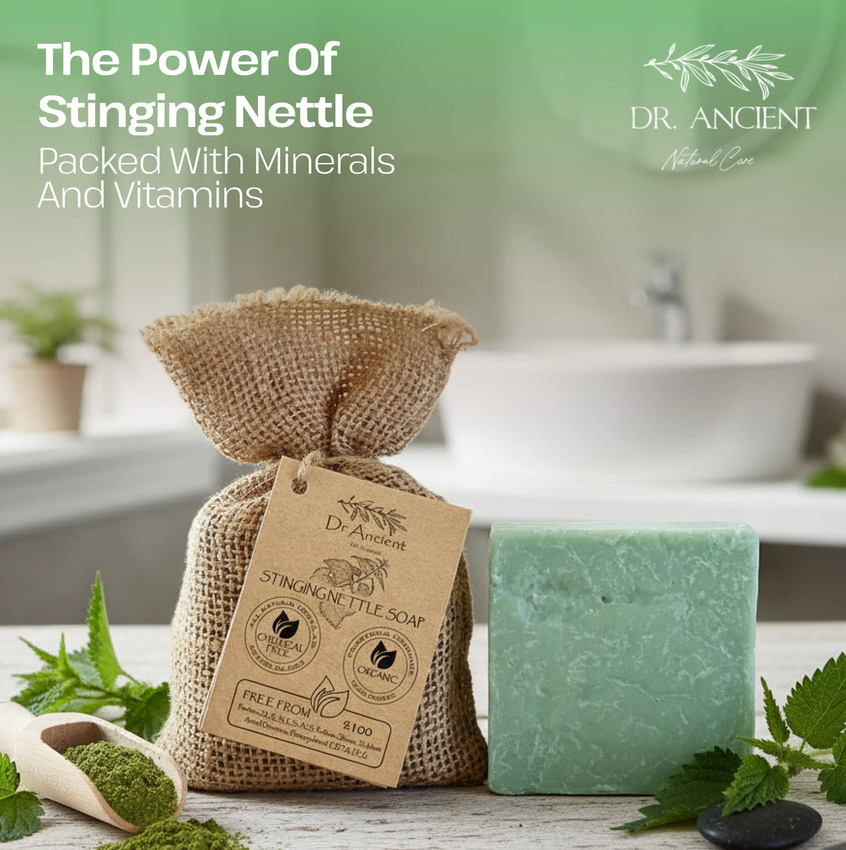 Dr. Ancient Stinging Nettle soap with packaging and ingredients on a bathroom counter.