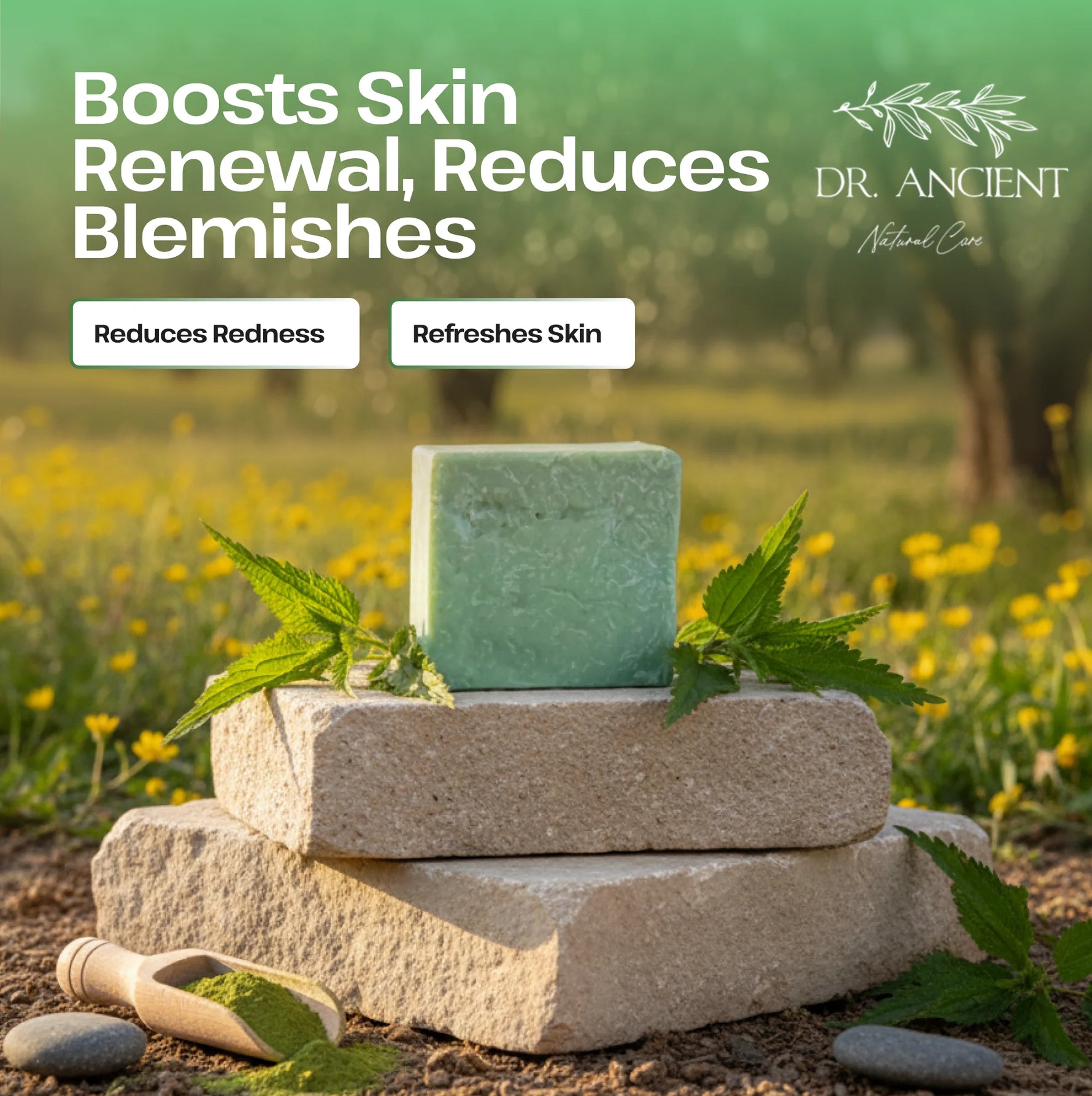 Green soap bar on stone with natural setting and Dr. Ancient branding