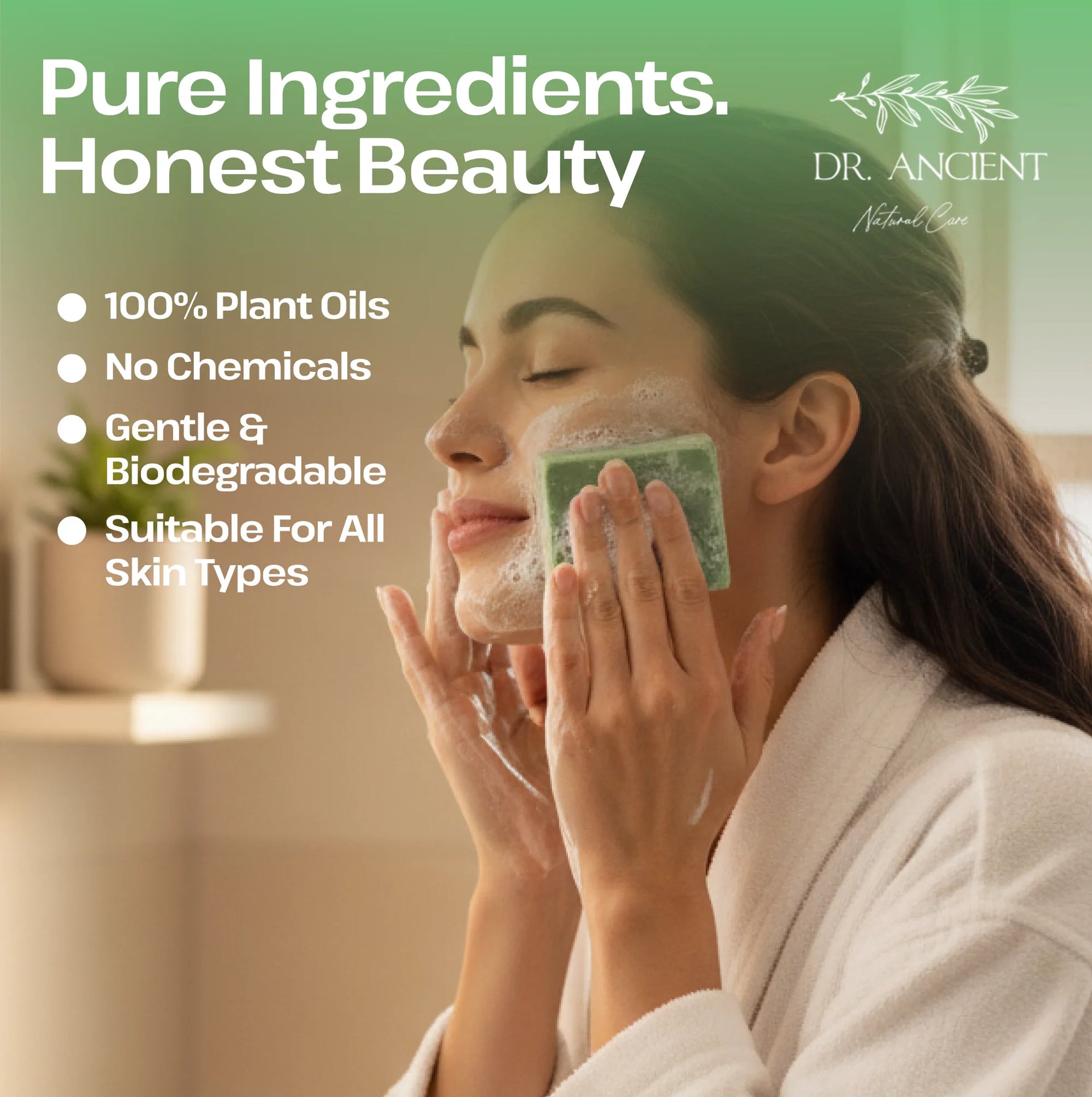 Woman applying a green facial mask with text about pure ingredients and honest beauty from Dr. Ancient.