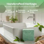 Green soap bar on a bathroom counter with text about its benefits