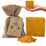 Dr. Ancient sulphur soap in a burlap bag, with a bar of soap held by a hand, and a pile of powdered soap on a white background.