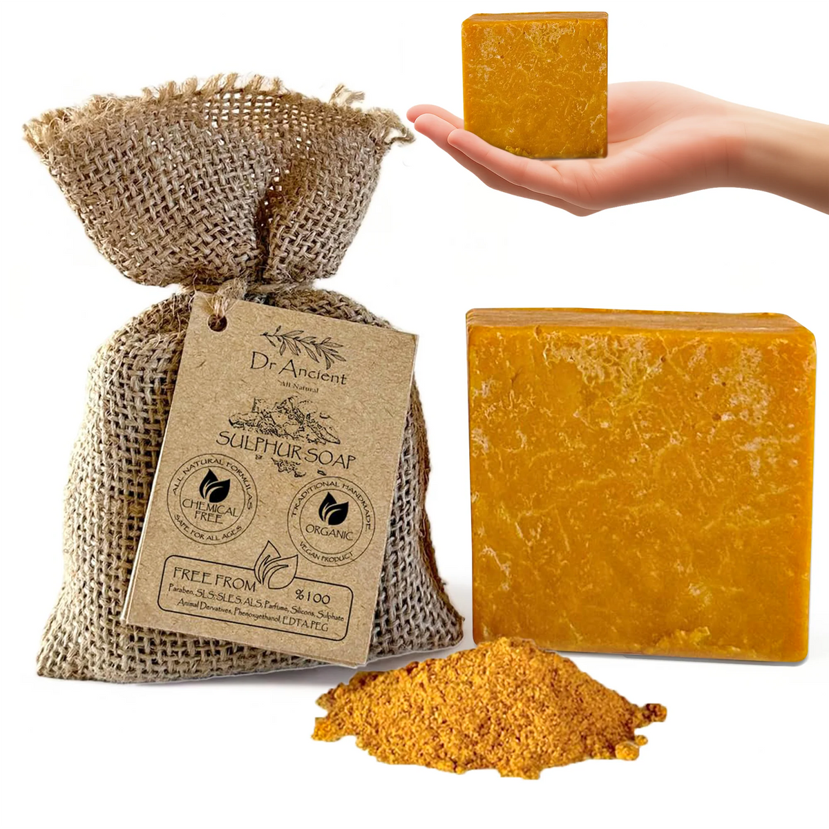 Dr. Ancient sulphur soap in a burlap bag, with a bar of soap held by a hand, and a pile of powdered soap on a white background.