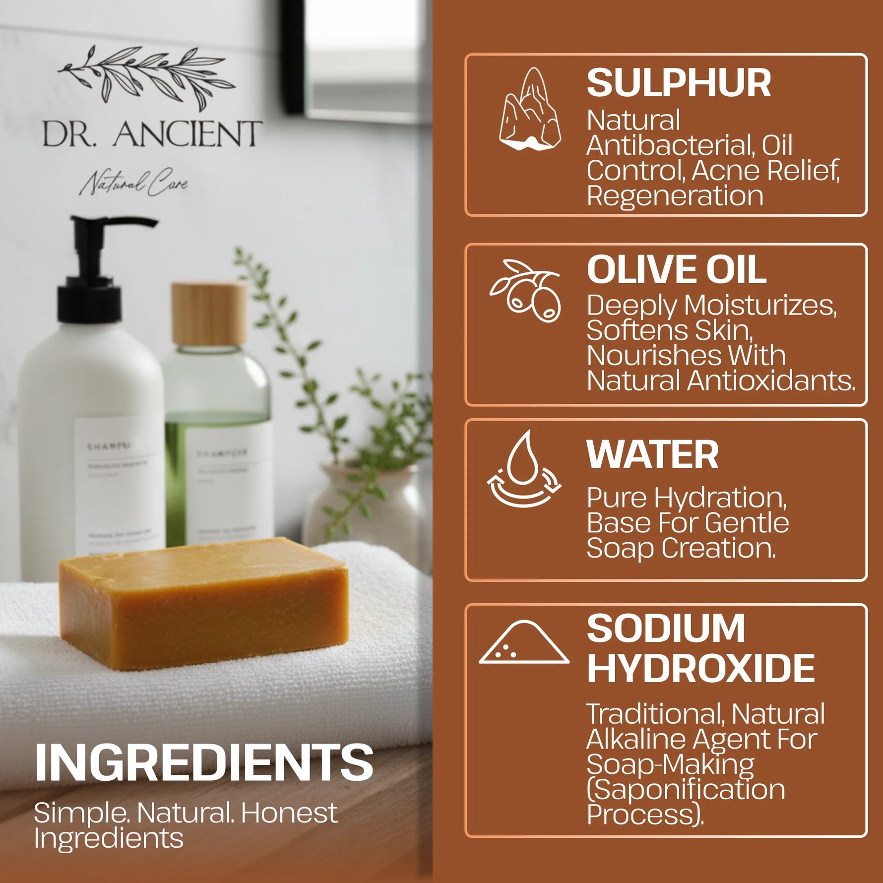 Dr. Ancient natural care products with ingredient information on a wooden surface.