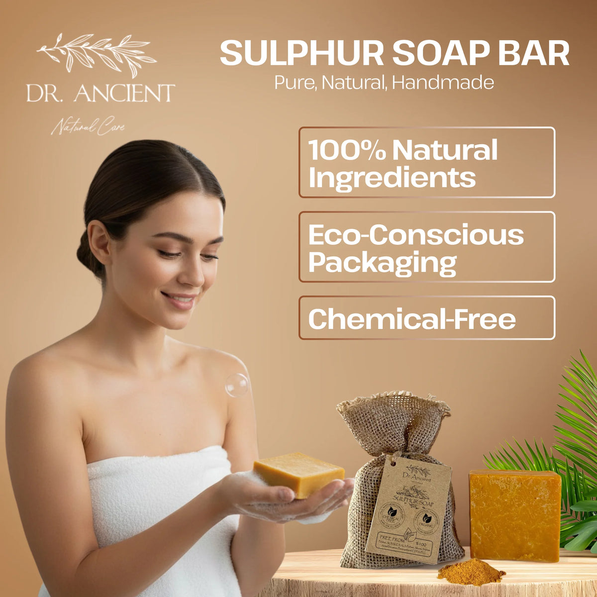 Woman holding a bar of soap with Dr. Ancient硫磺肥皂的广告