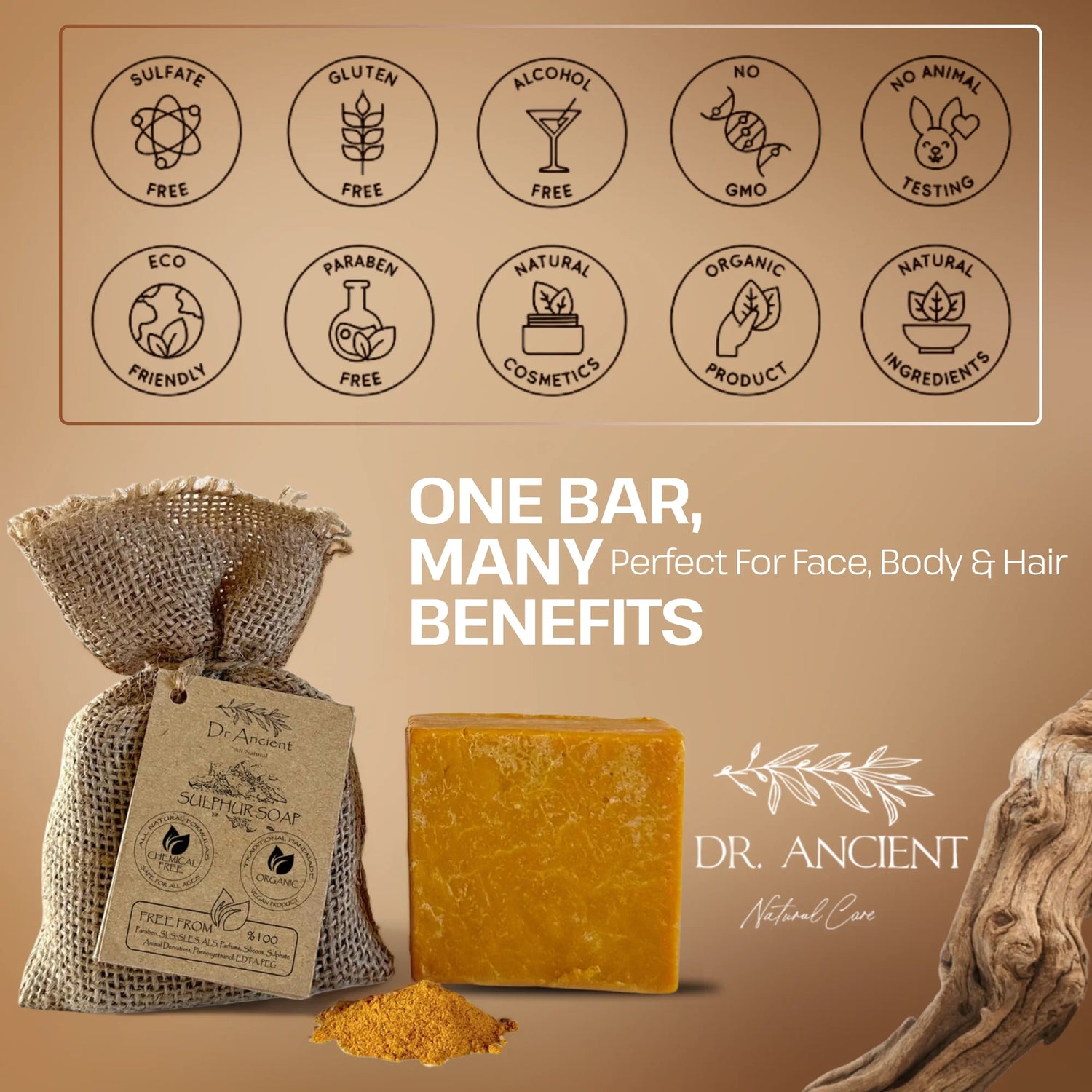 A bar of golden-yellow natural soap displayed with a burlap bag, loose powder, and a branded label on a warm beige background. Above the product, circular icons highlight benefits such as sulfate-free, gluten-free, alcohol-free, no animal testing, eco-friendly, and natural ingredients.