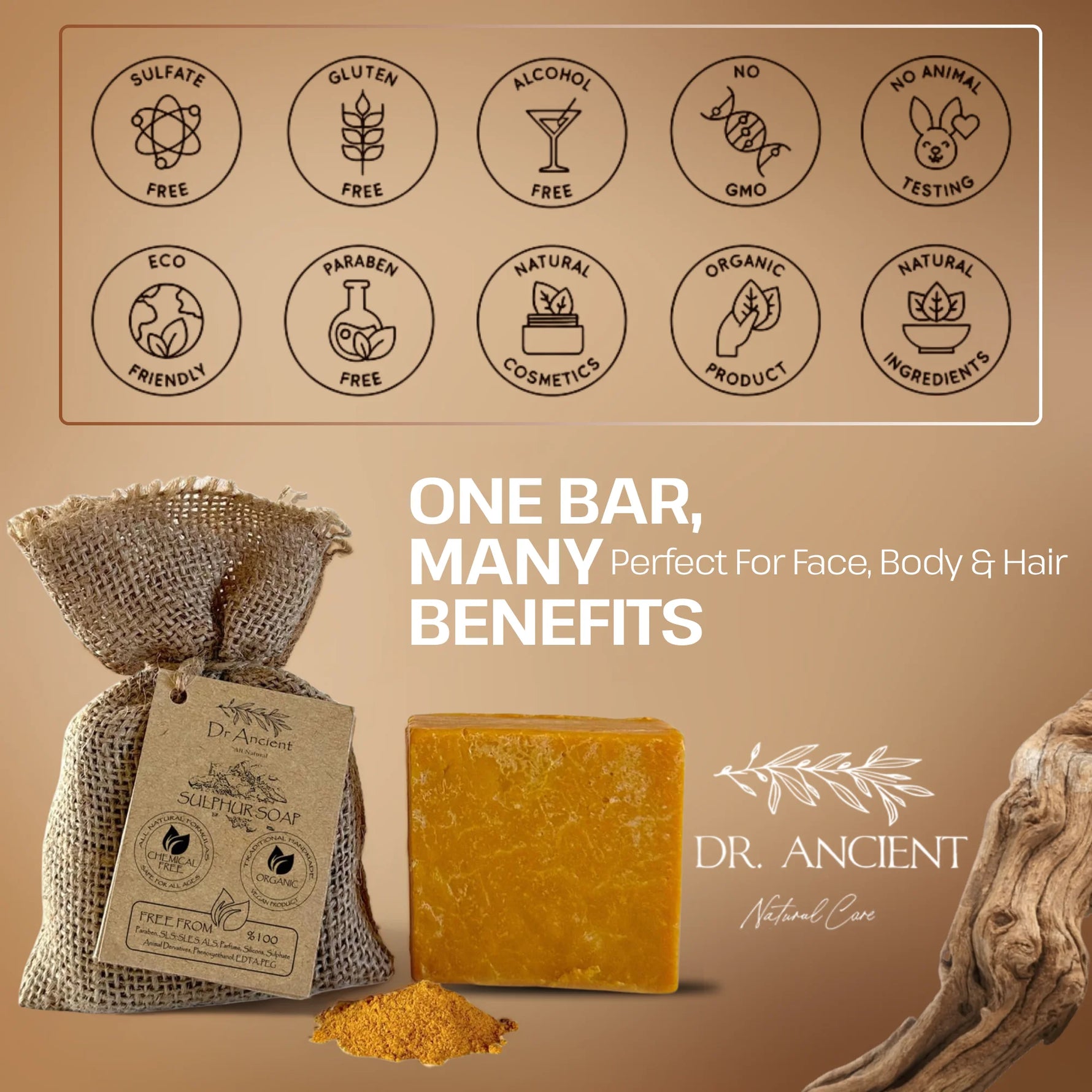 A bar of golden-yellow natural soap displayed with a burlap bag, loose powder, and a branded label on a warm beige background. Above the product, circular icons highlight benefits such as sulfate-free, gluten-free, alcohol-free, no animal testing, eco-friendly, and natural ingredients.