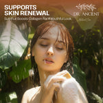 A woman with wet hair and soap foam on her face is shown outdoors under falling water, with large green leaves in the background. Text at the top reads 'SUPPORTS SKIN RENEWAL' and 'DR.