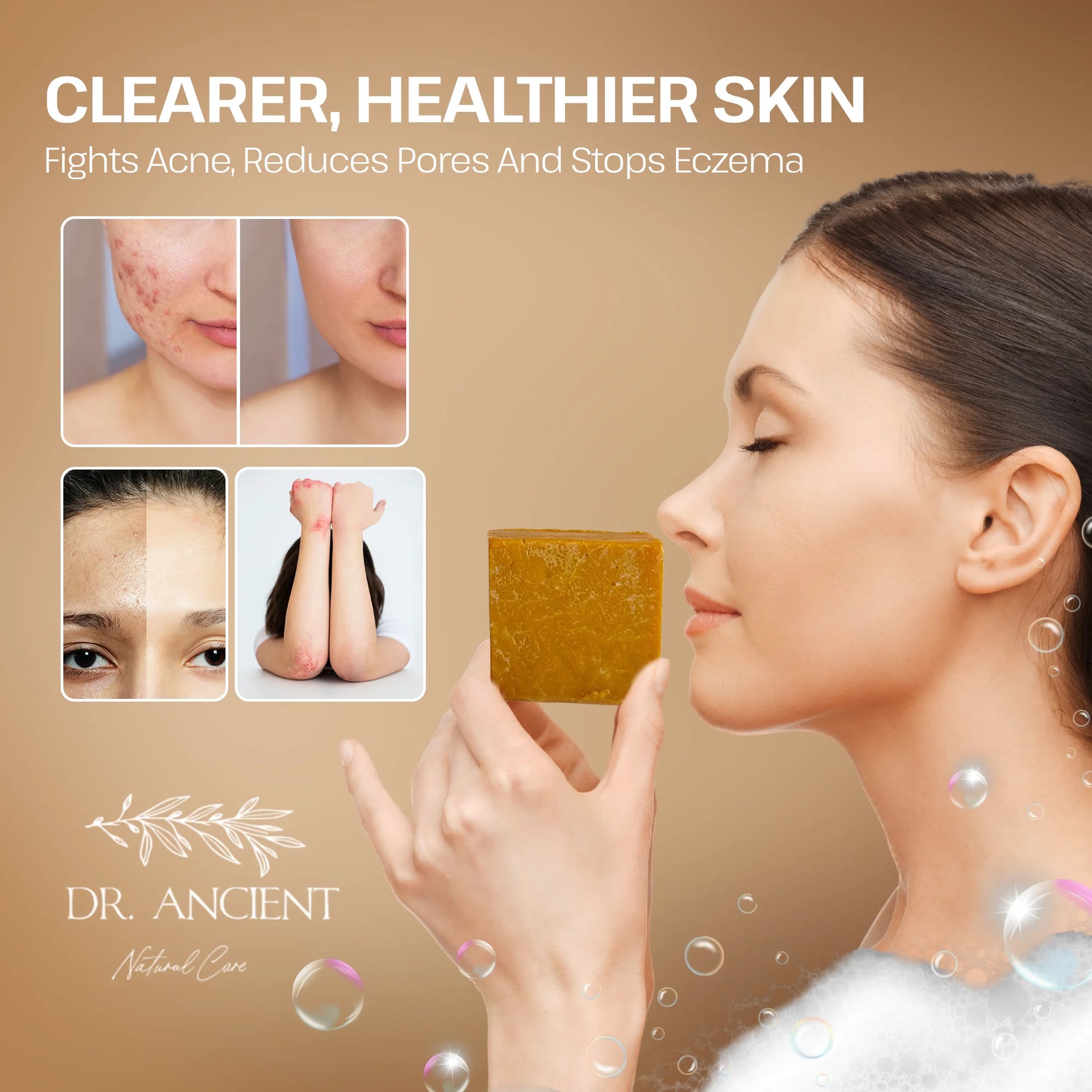 A woman in profile holds a square bar of golden-yellow soap against a warm beige background with promotional text for Dr. Ancient Natural Care.
