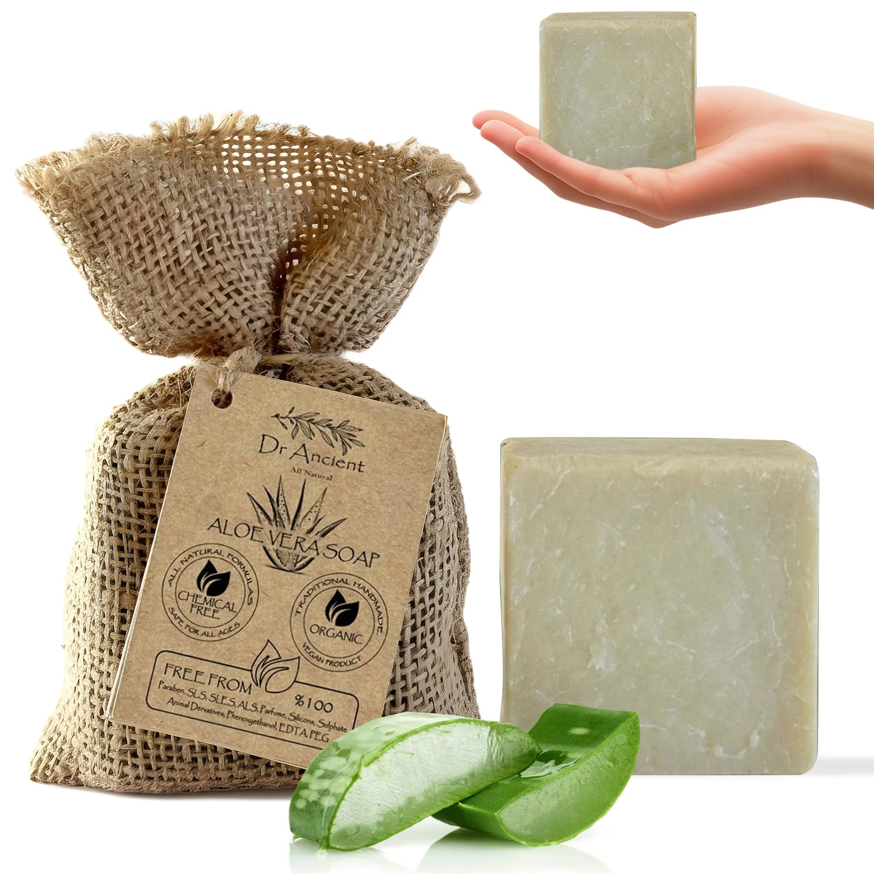 Dr. Ancient aloe vera soap with packaging, aloe vera leaves, and a hand holding a bar of soap on a white background.