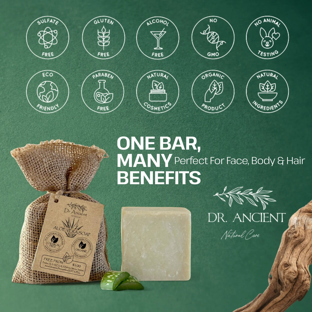 A bar of natural soap displayed with a burlap bag tag and green leaves on a dark green background, surrounded by certification-style icons and the brand name Dr. Ancient Natural Care.