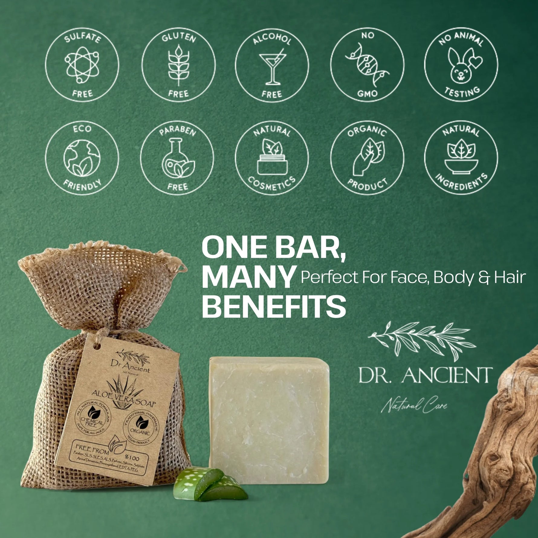 A bar of natural soap displayed with a burlap bag tag and green leaves on a dark green background, surrounded by certification-style icons and the brand name Dr. Ancient Natural Care.