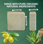 Two rectangular bars of natural soap shown on a dark green background with text reading 'MADE WITH PURE ORGANIC NATURAL INGREDIENTS' and dimensions labeled 2.76 inches by 1.