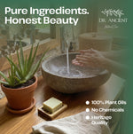 Aloe Vera Soap Bar by Dr. Ancient Natural Care, shown as a rectangular pale green soap bar next to a burlap drawstring bag with a branded paper tag, on a dark green background with promotional text.