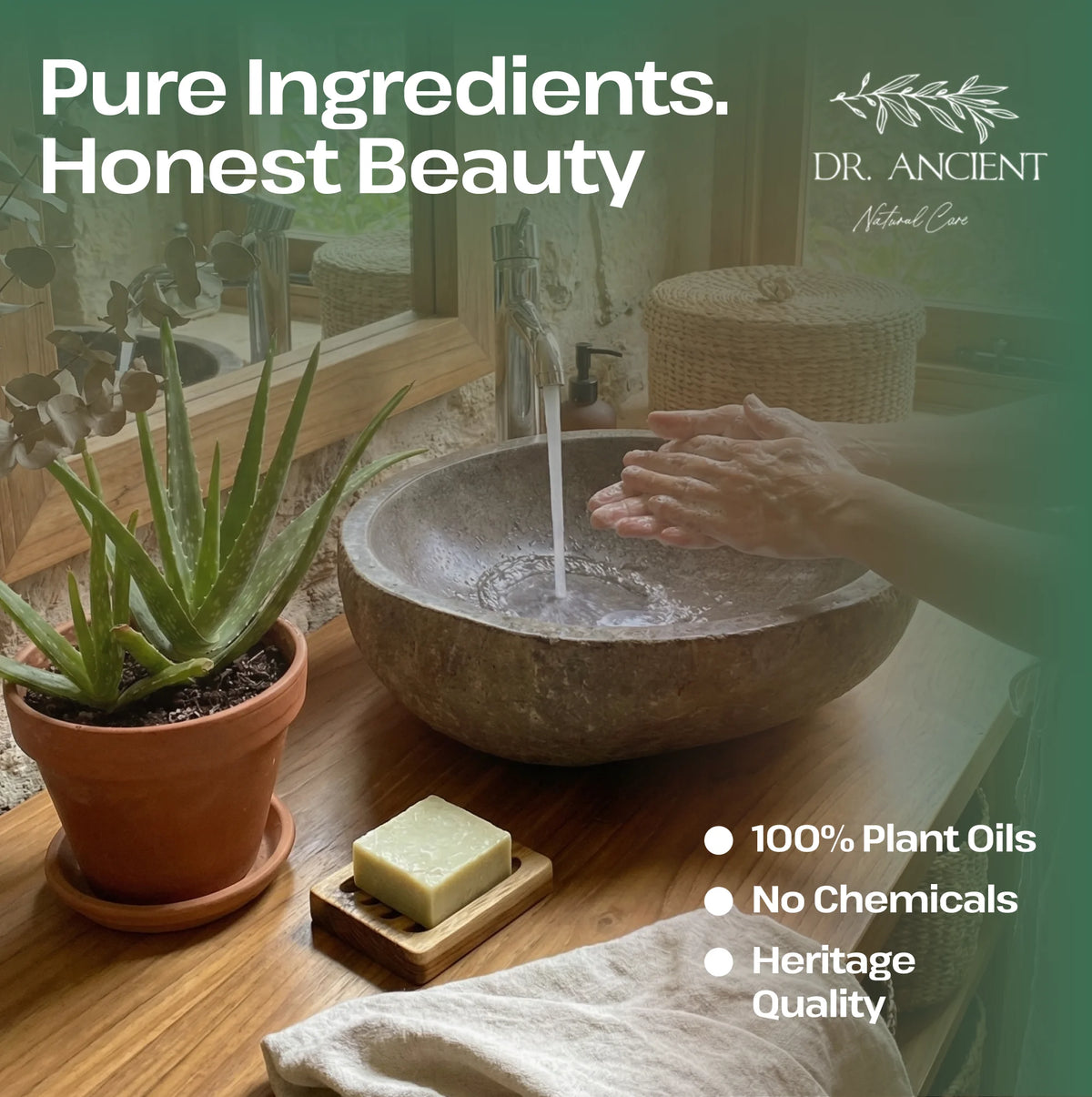 Aloe Vera Soap Bar by Dr. Ancient Natural Care, shown as a rectangular pale green soap bar next to a burlap drawstring bag with a branded paper tag, on a dark green background with promotional text.