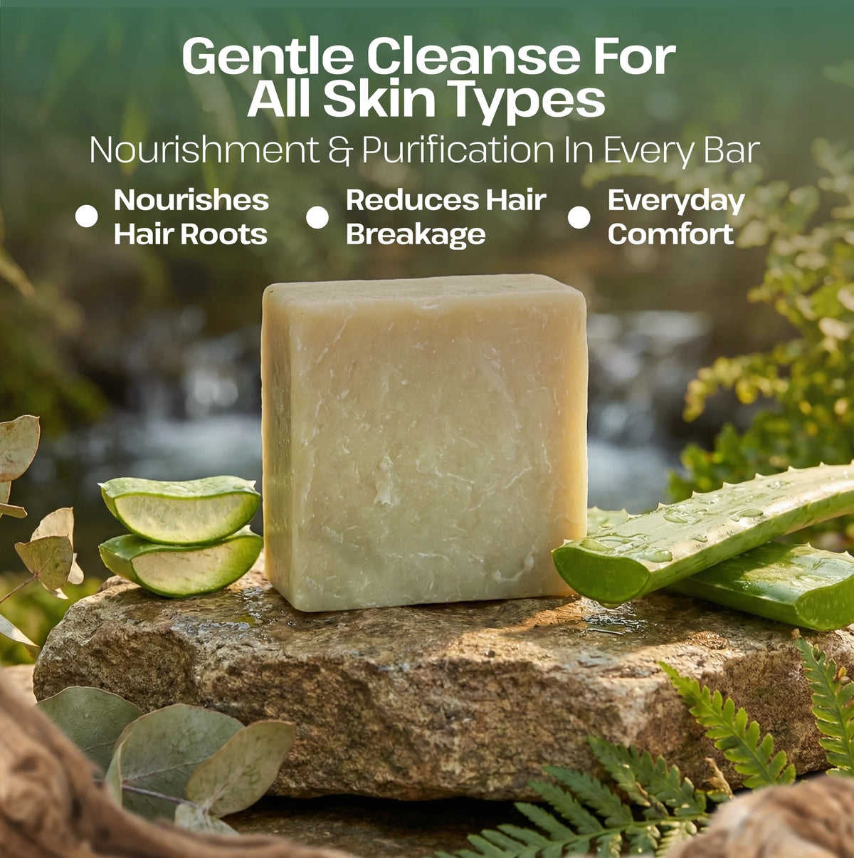Bar of soap on a rock with aloe vera leaves and nature background, promoting gentle cleanse for all skin types.