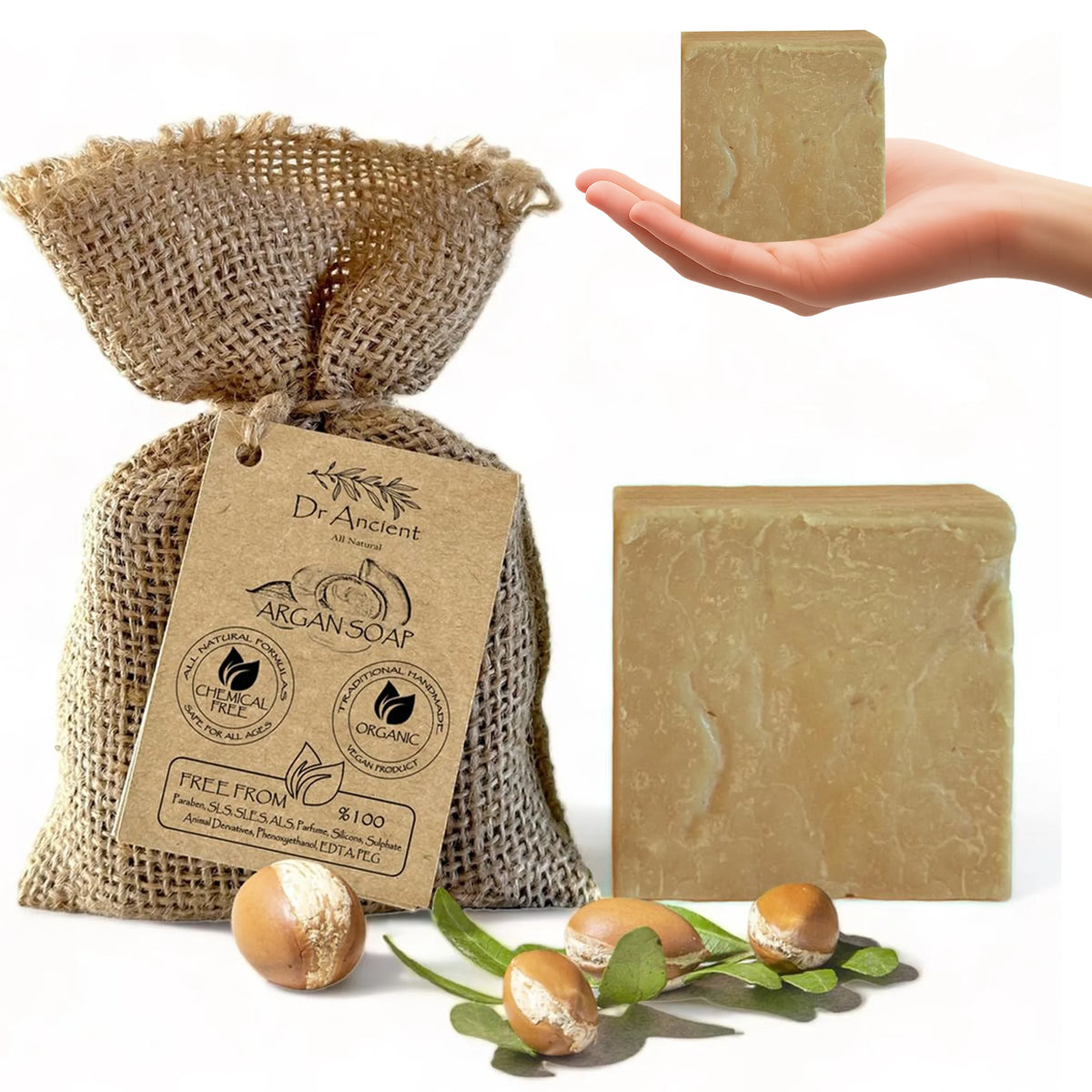 Dr. Ancient argan soap with packaging, a hand holding a bar of soap, and argan nuts on a white background.