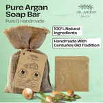 Bar of soap with dimensions and organic ingredients on a green background