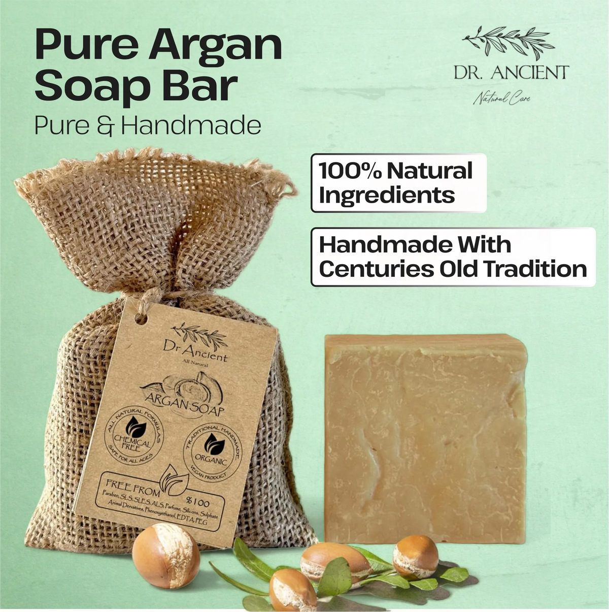 Bar of soap with dimensions and organic ingredients on a green background