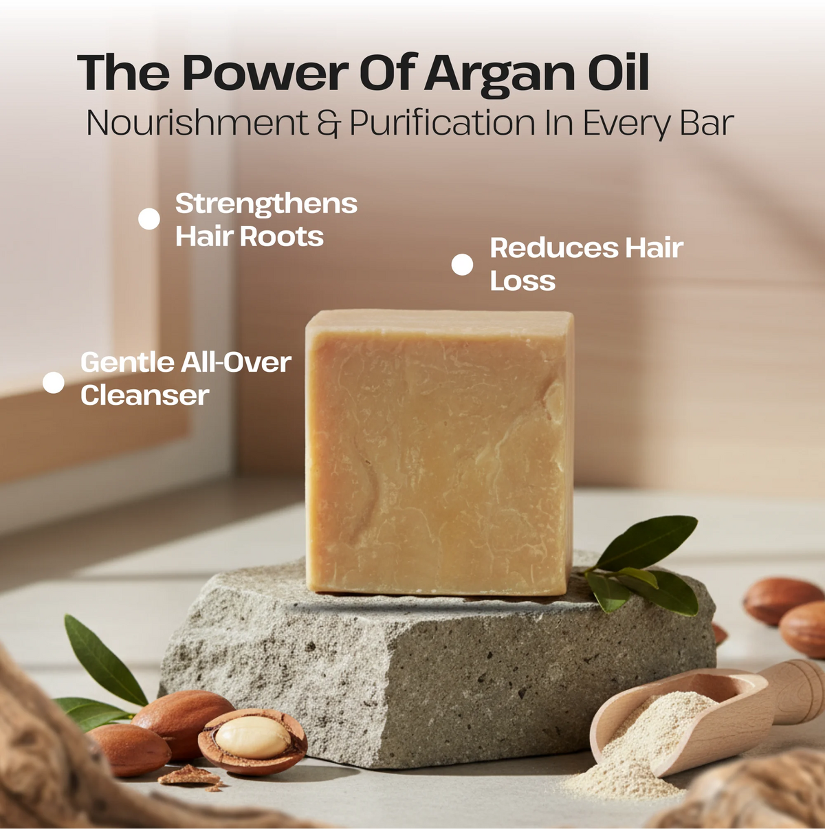 Man holding a bar of soap with text about skin care benefits and Dr. Ancient branding.