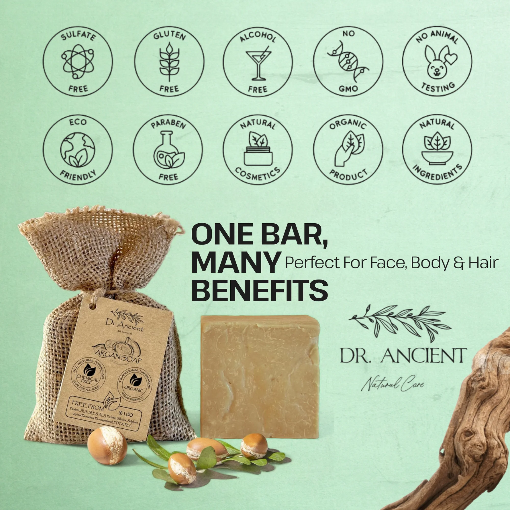 Bar of soap with dimensions and organic ingredients on a green background