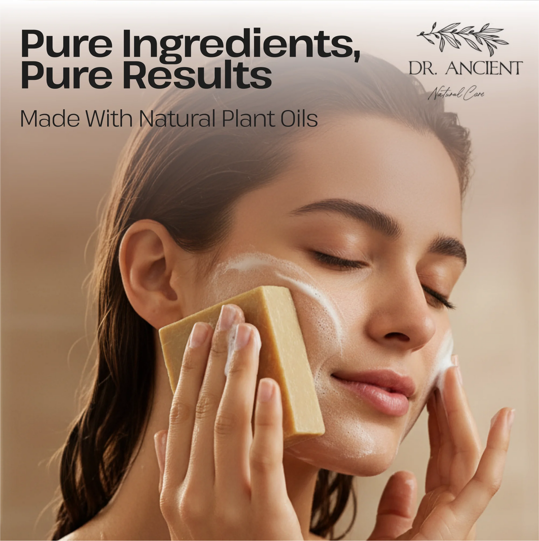 Bar of soap with dimensions and organic ingredients on a green background