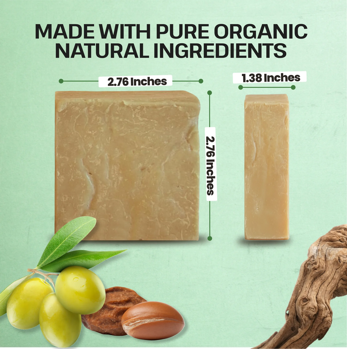 Bar of soap with dimensions and organic ingredients on a green background