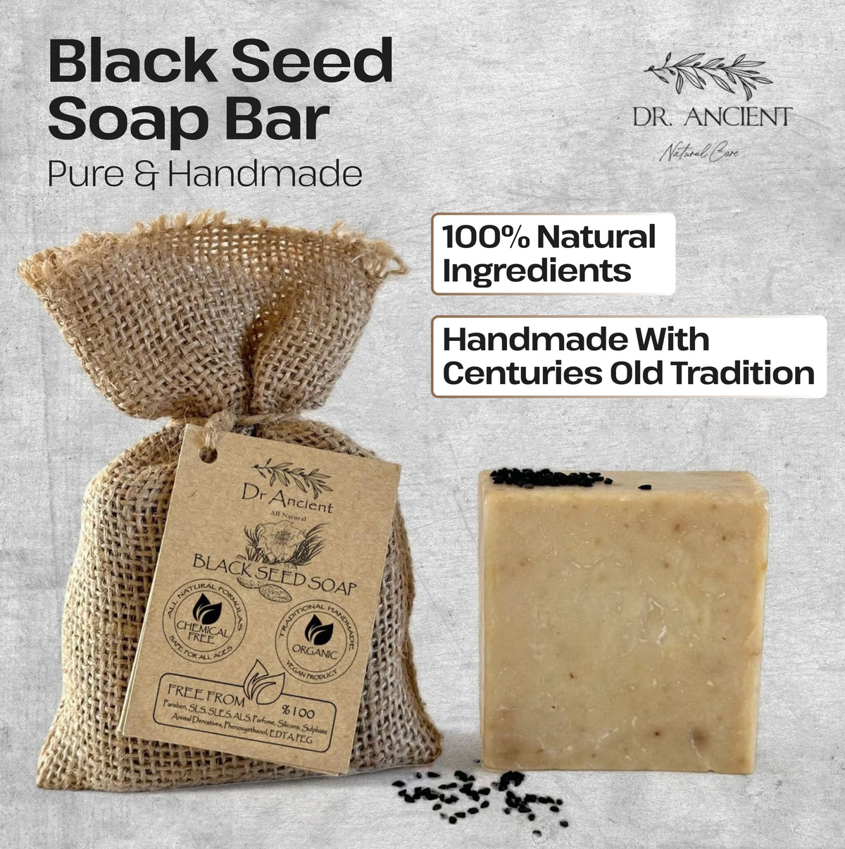 A bar of Dr. Ancient Black Seed Soap shown next to its burlap drawstring bag and a few scattered black seeds on a light gray textured background.