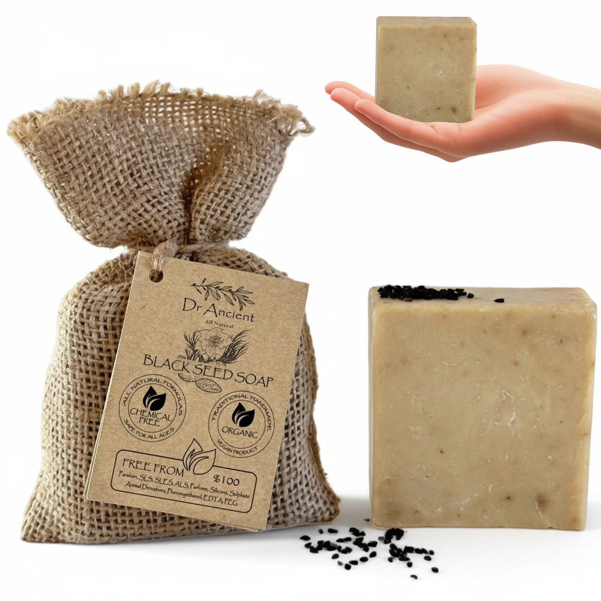 Dr. Ancient Black Seed Soap with packaging and a hand holding a bar of soap.