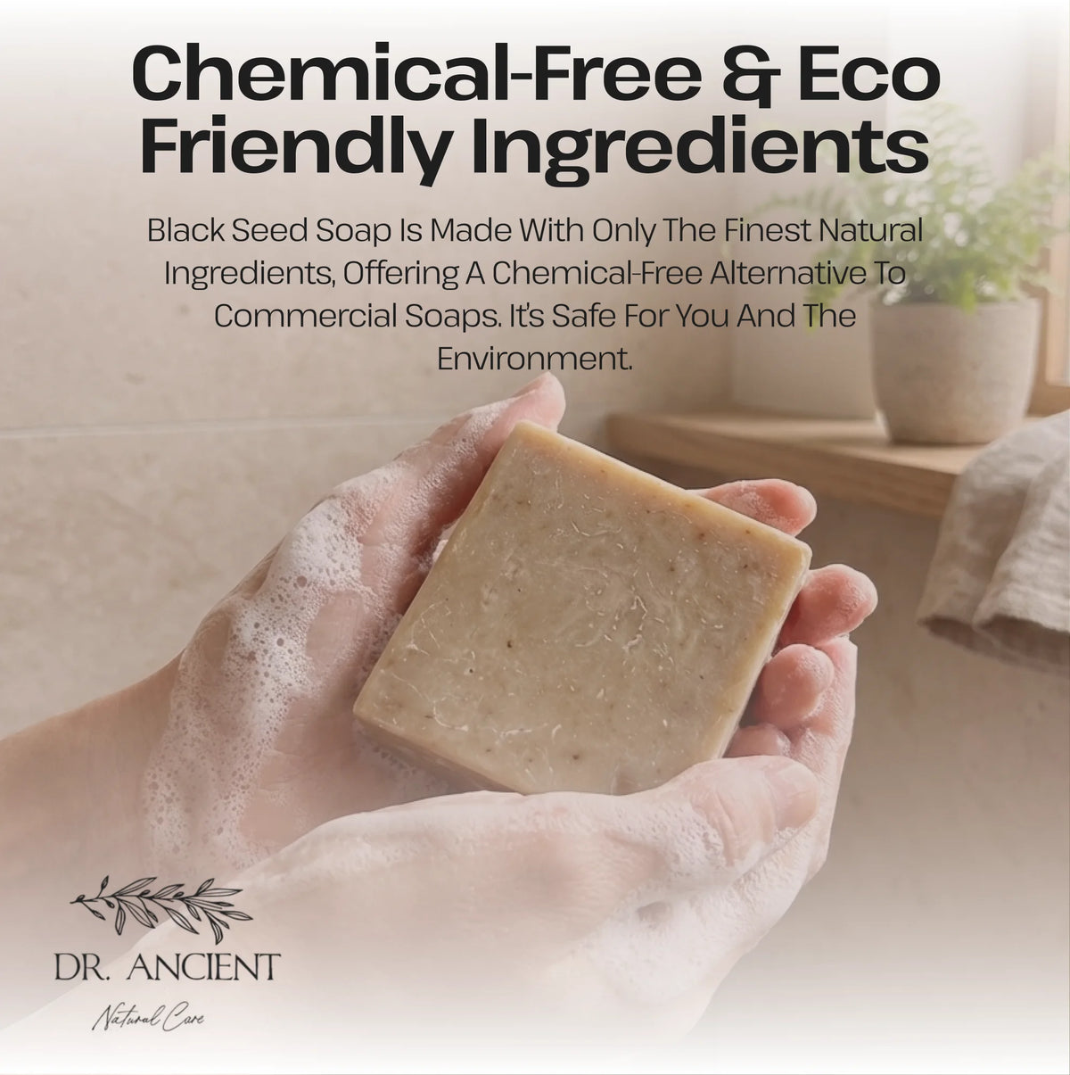 Hand holding a bar of soap with text about chemical-free and eco-friendly ingredients, set against a blurred indoor background.
