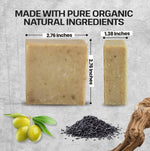 A bar of natural soap shown in two sizes on a textured light gray background, with text reading 'MADE WITH PURE ORGANIC NATURAL INGREDIENTS' and dimensions labeled 2.76 inches by 2.