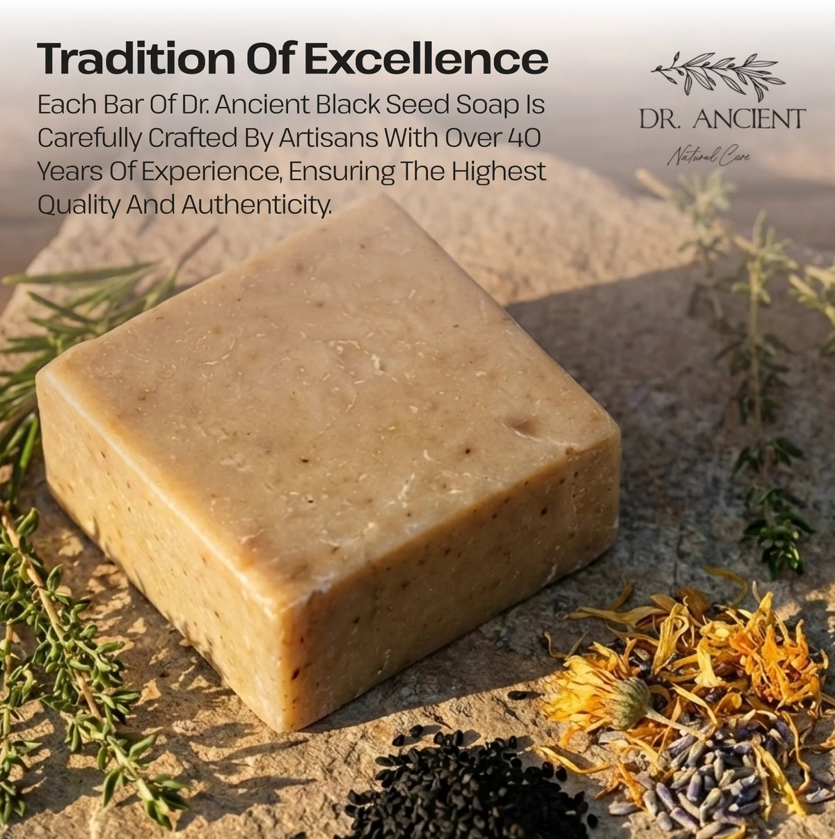 Bar of Dr. Ancient black seed soap with natural elements on a textured surface