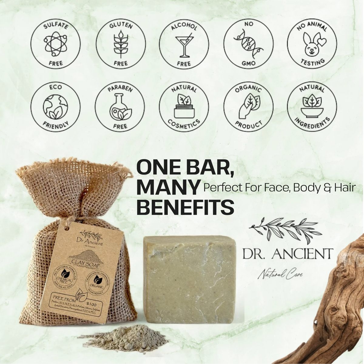 Dr. Ancient natural soap bar with packaging and ingredients on a light green background