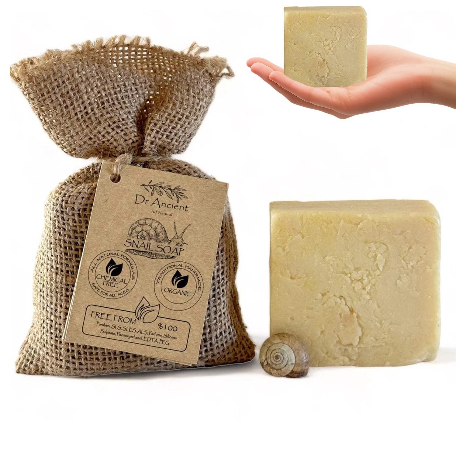 Snail soap in a burlap bag with a hand holding a bar of soap and a snail shell on a white background.