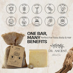 Dr. Ancient natural soap bar with packaging and certification icons on a light background