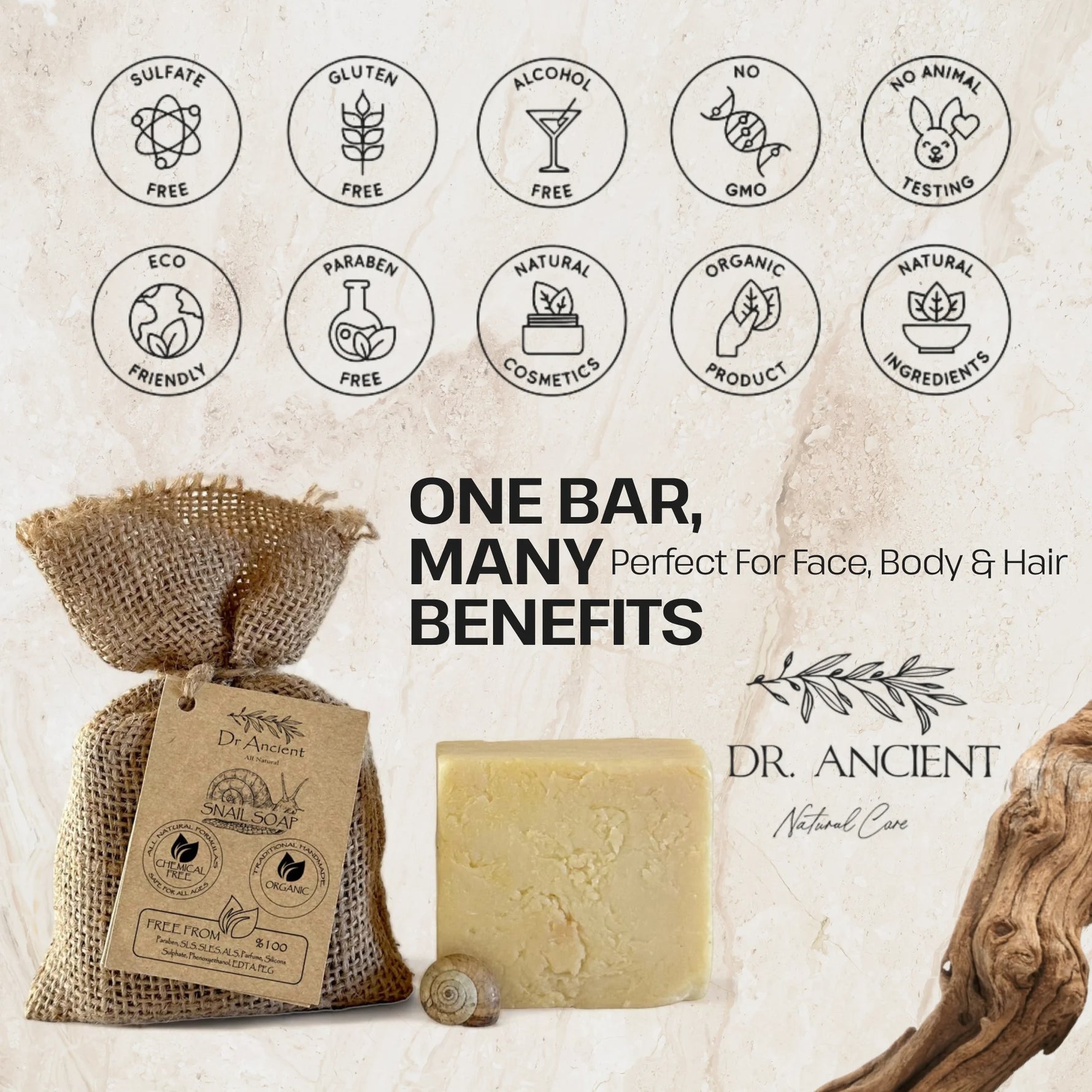 Dr. Ancient natural soap bar with packaging and certification icons on a light background