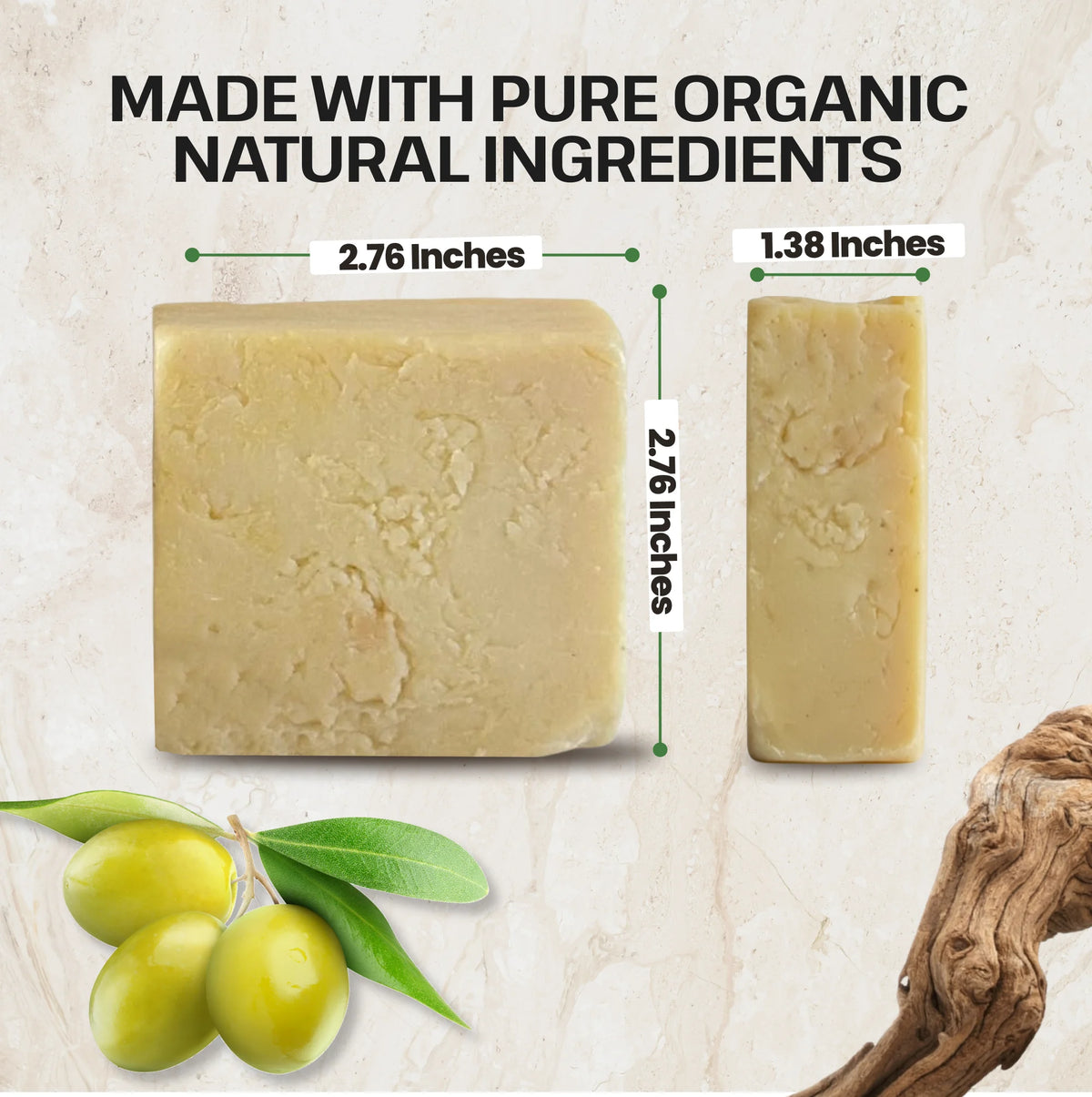 A bar of pale yellow soap shown in two sizes with dimension labels: a larger square bar marked 2.76 inches by 2.